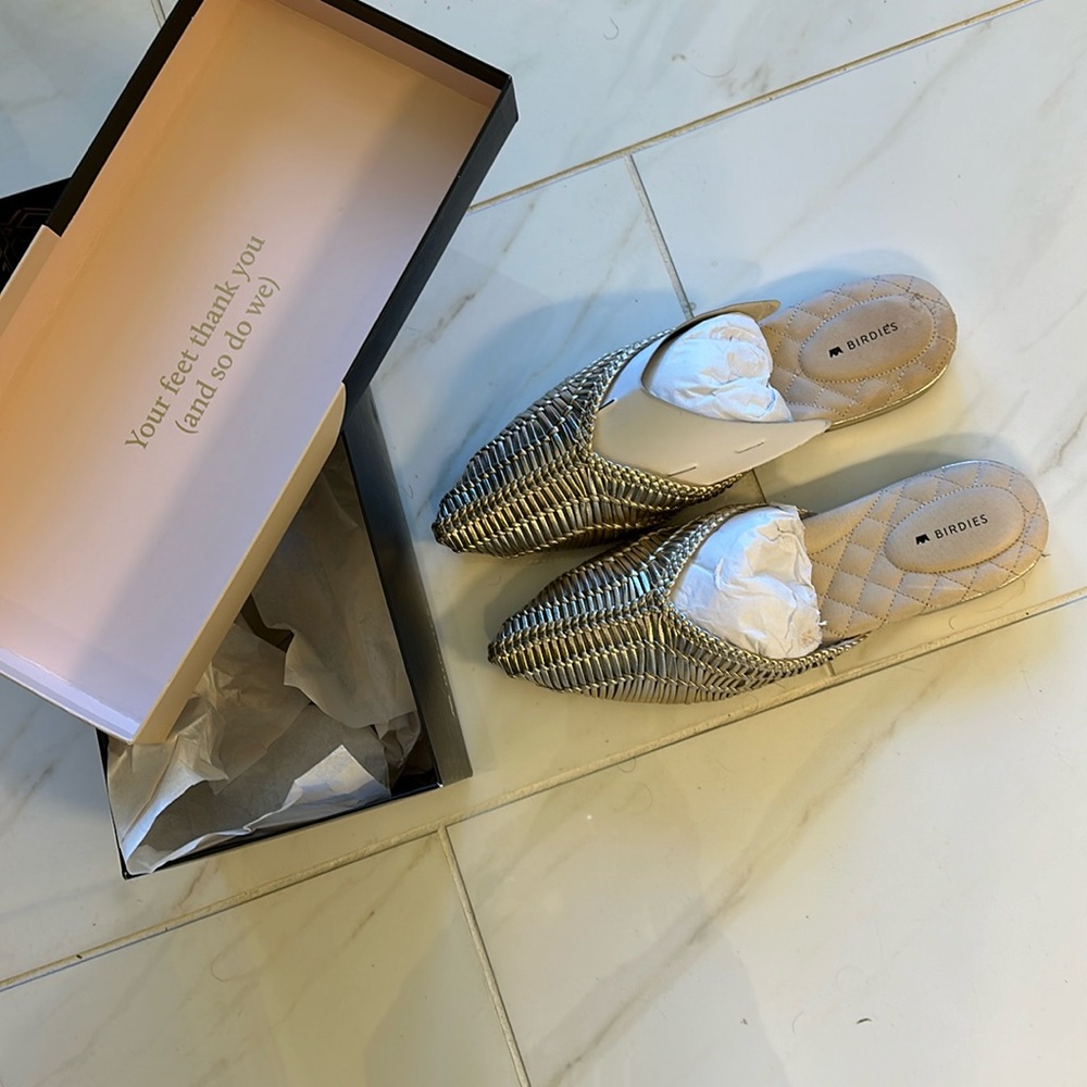 Birdies Metallic Woven Pointed-Toe Mules in Silver and Cream